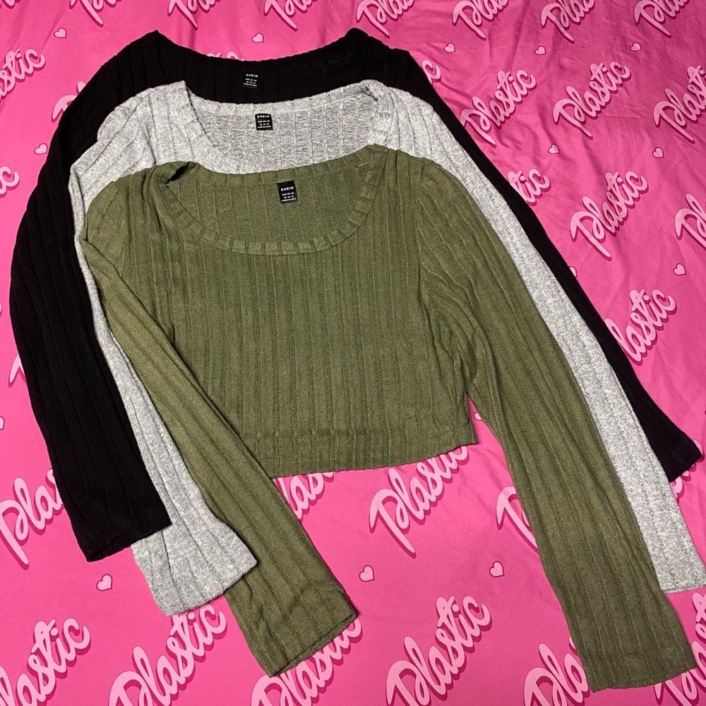 NEW 3PC SHEIN Long Sleeve Fleece Fall Shirt Set Black Olive Green Gray Plus
